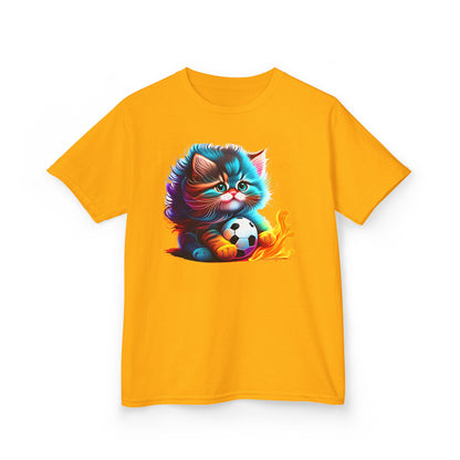 Cute Cat Soccer Kids Tee - Colorful Heavy Cotton Shirt for Young Sports Fans