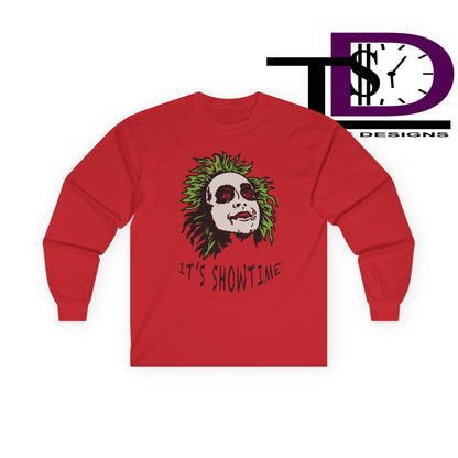 Unisex Long Sleeve Tee - It's Showtime Graphic, Halloween Shirt, Casual Wear, Gift for Movie Lovers, Spooky Season Apparel