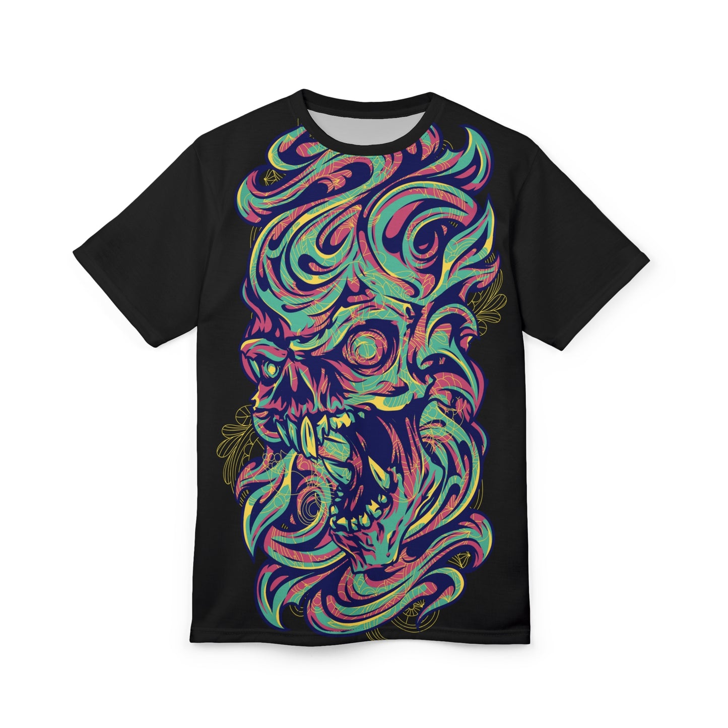 Vibrant Skull Art Unisex Tee, Unique Graphic Shirt, AOP T-Shirt for Festivals, Casual Wear, Halloween, Gift for Creatives