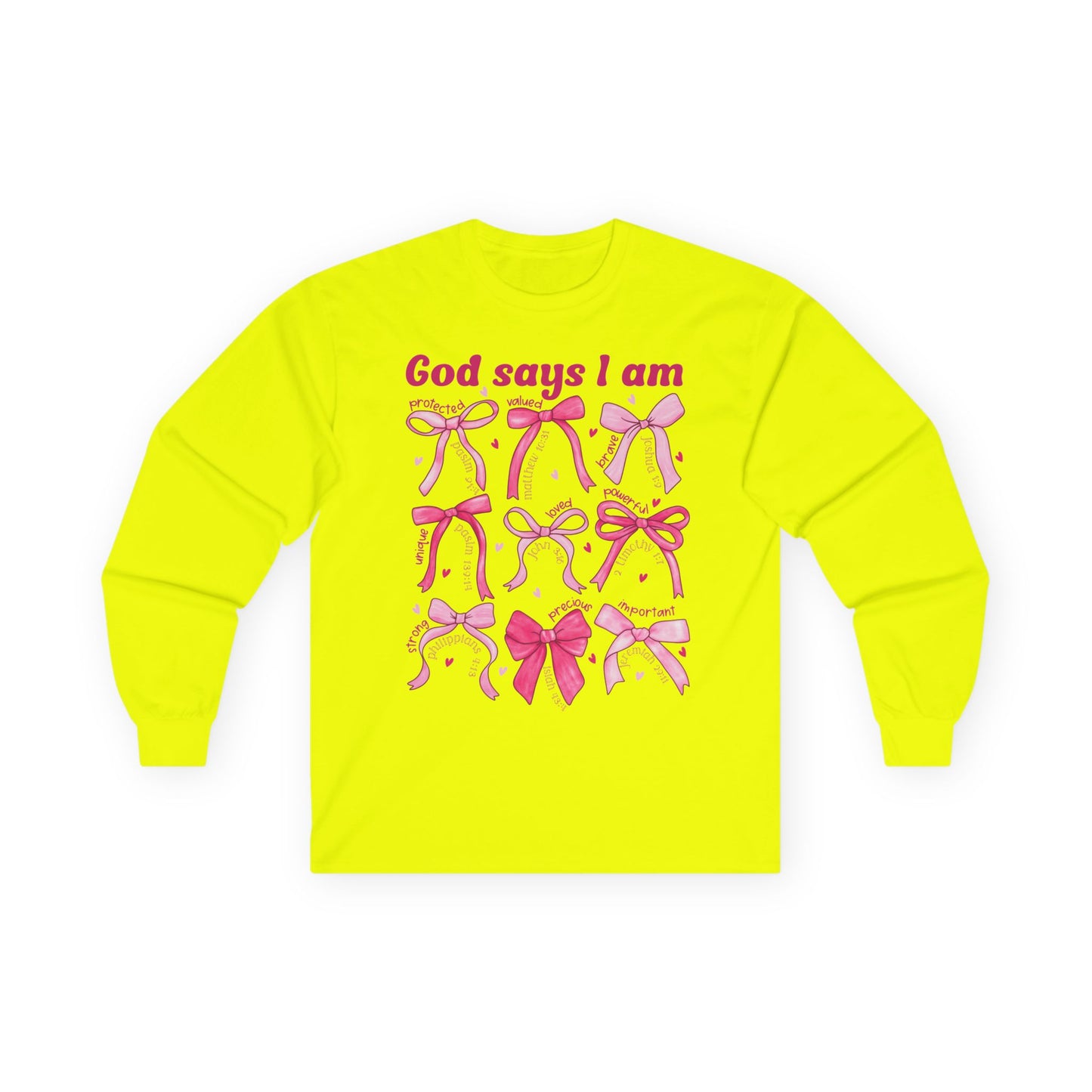 Long Sleeve Tee — "God Says I Am" Pink Ribbon Bows Breast Cancer Awareness