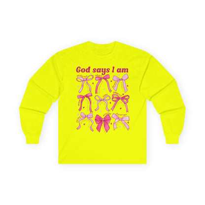 Long Sleeve Tee — "God Says I Am" Pink Ribbon Bows Breast Cancer Awareness