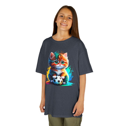 Playful Cat Soccer Kids Heavy Cotton™ Tee - Fun and Colorful T-Shirt for Young Animal Lovers