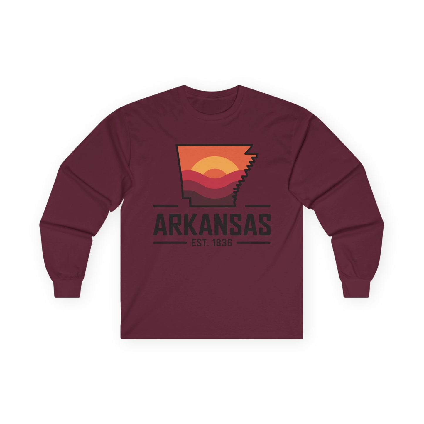 Arkansas Sunset State Long Sleeve Tee — EST. 1836 Retro Graphic