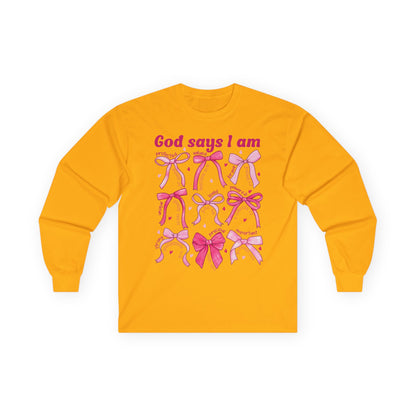 Long Sleeve Tee — "God Says I Am" Pink Ribbon Bows Breast Cancer Awareness