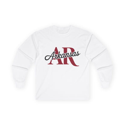Arkansas AR Script Long Sleeve Tee — State Pride Graphic Shirt