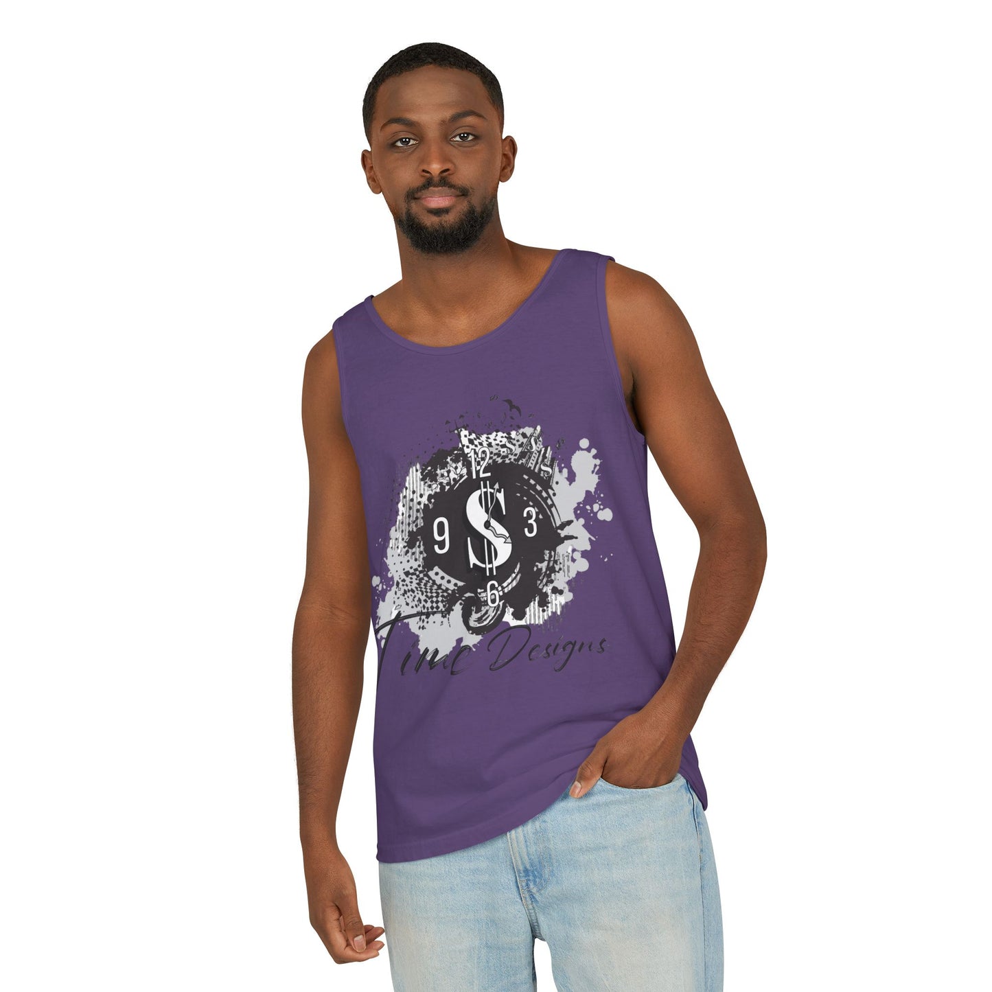 Unisex Garment-Dyed Tank Top with Time Designs - Casual Summer Wear, Beach Outfit, Gift for Friends, Vacation Essentials, Relaxed Style