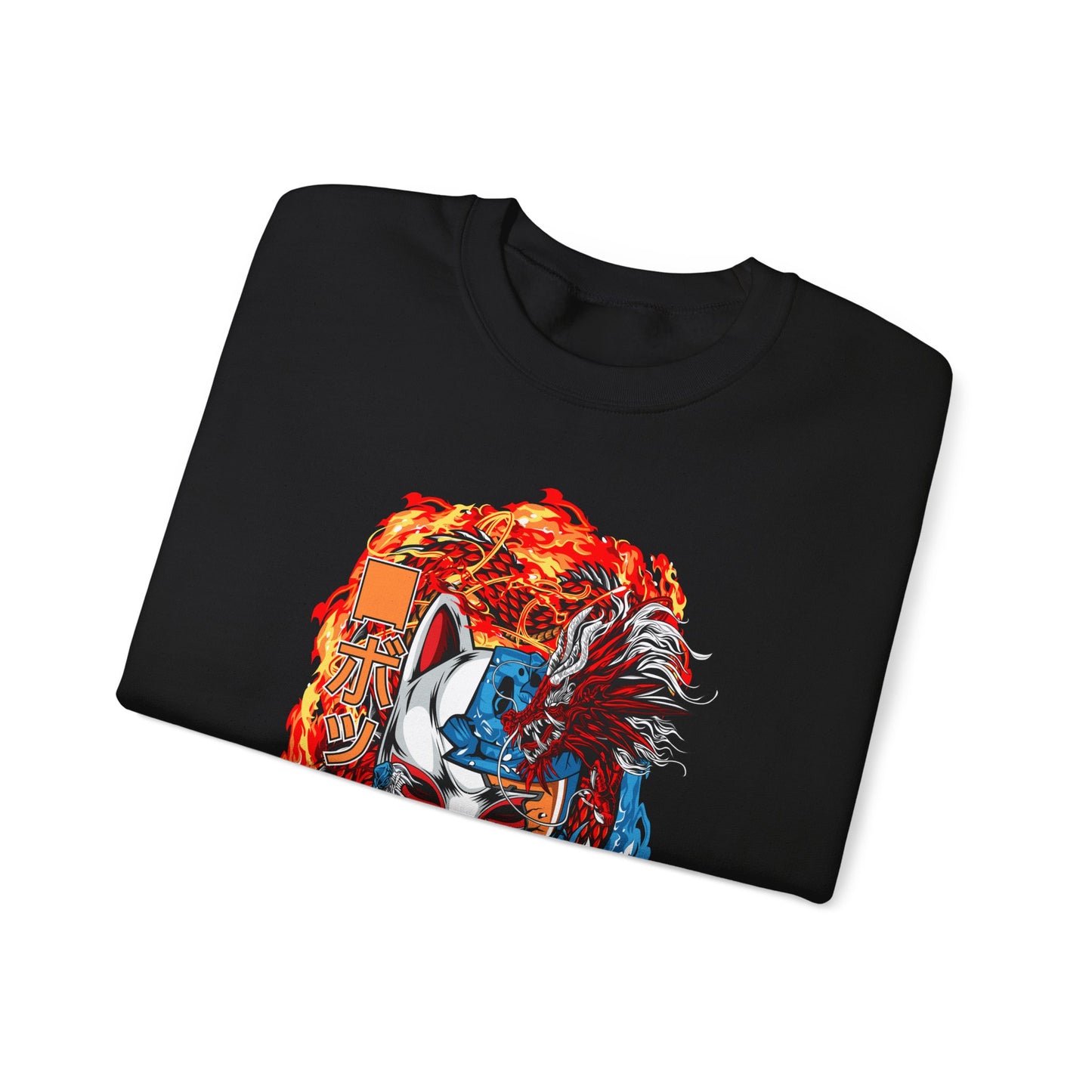 Kitsune Dragon Clash Crewneck Sweatshirt — Fiery Red & Blue Japanese Mask Design