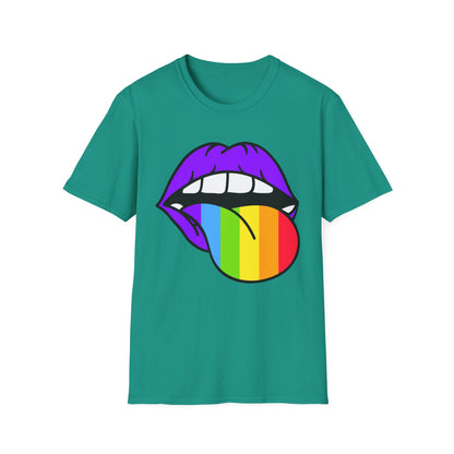 Pride Graphic Tee, Rainbow Mouth Design T-Shirt, Unisex Softstyle Shirt, LGBTQ+ Apparel, Fun Casual Wear, Birthday Gift