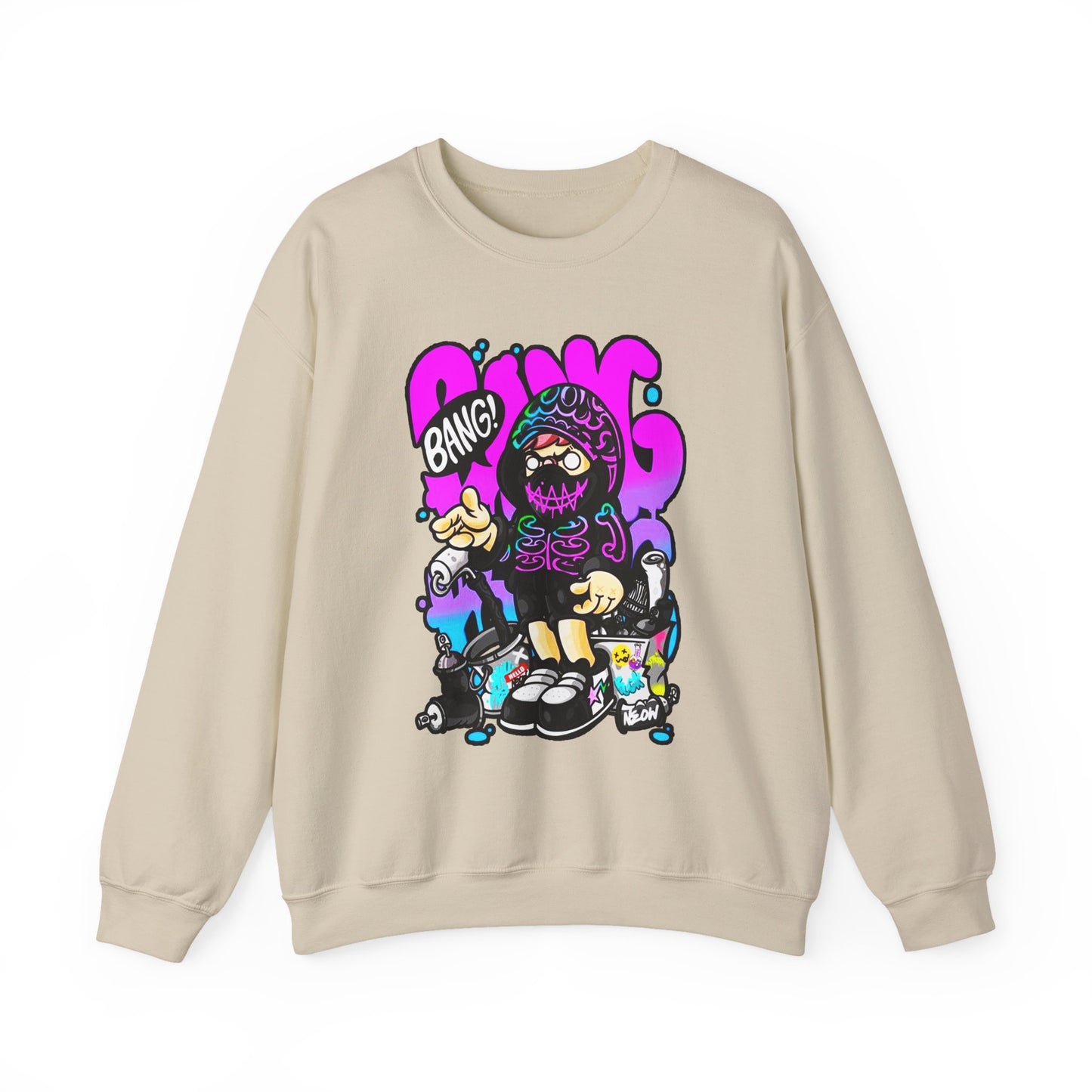 Streetwear Crewneck Sweatshirt — Cartoon Hoodie Character "BANG" Graphic