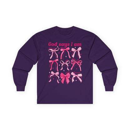 Long Sleeve Tee — "God Says I Am" Pink Ribbon Bows Breast Cancer Awareness