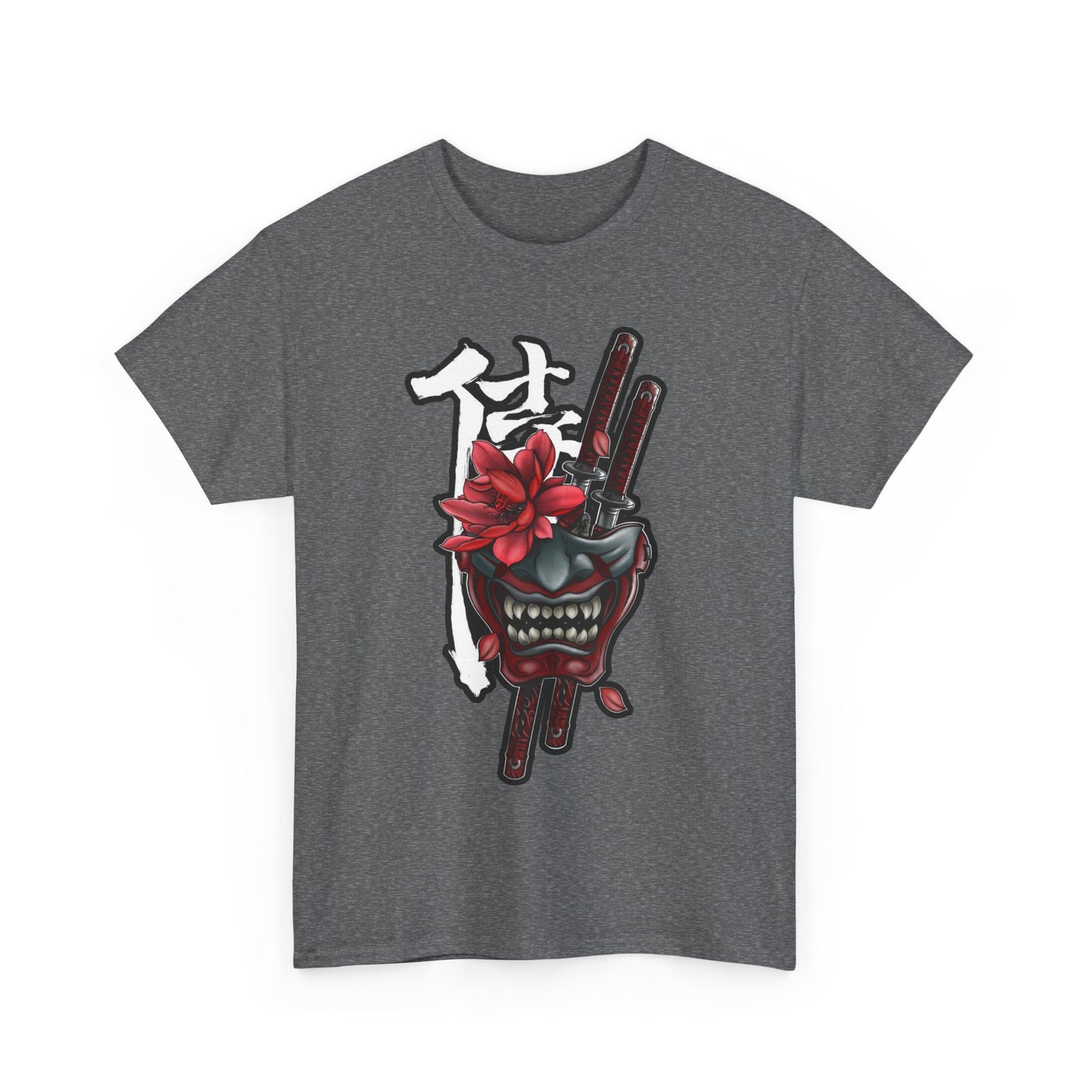 Unisex Heavy Cotton Tee - Floral Samurai Mask Design