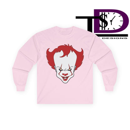Pennywise Inspired Long Sleeve Tee, Horror Shirt, Movie Merch, Unisex Halloween Apparel, Scary Graphic Tee, Costume Top