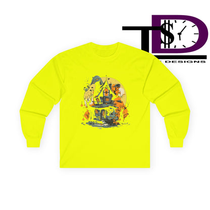 Halloween Haunted House Long Sleeve Tee, Unisex Shirt, Spooky Shirt, Fall Fashion, Ghosts and Ghouls Apparel, Gift for Halloween