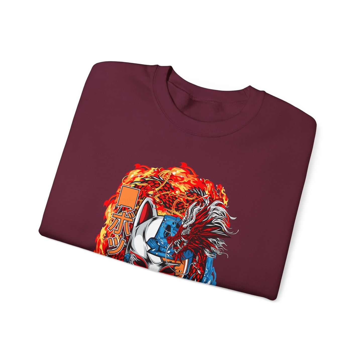 Kitsune Dragon Clash Crewneck Sweatshirt — Fiery Red & Blue Japanese Mask Design