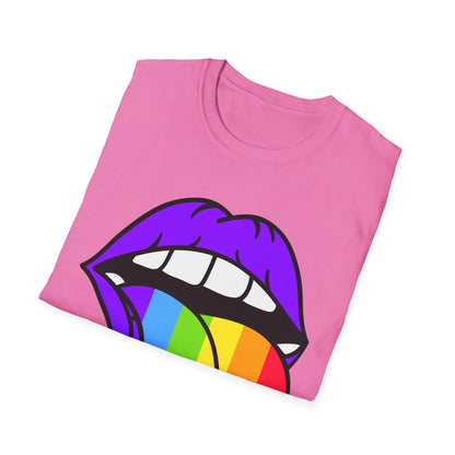 Pride Graphic Tee, Rainbow Mouth Design T-Shirt, Unisex Softstyle Shirt, LGBTQ+ Apparel, Fun Casual Wear, Birthday Gift