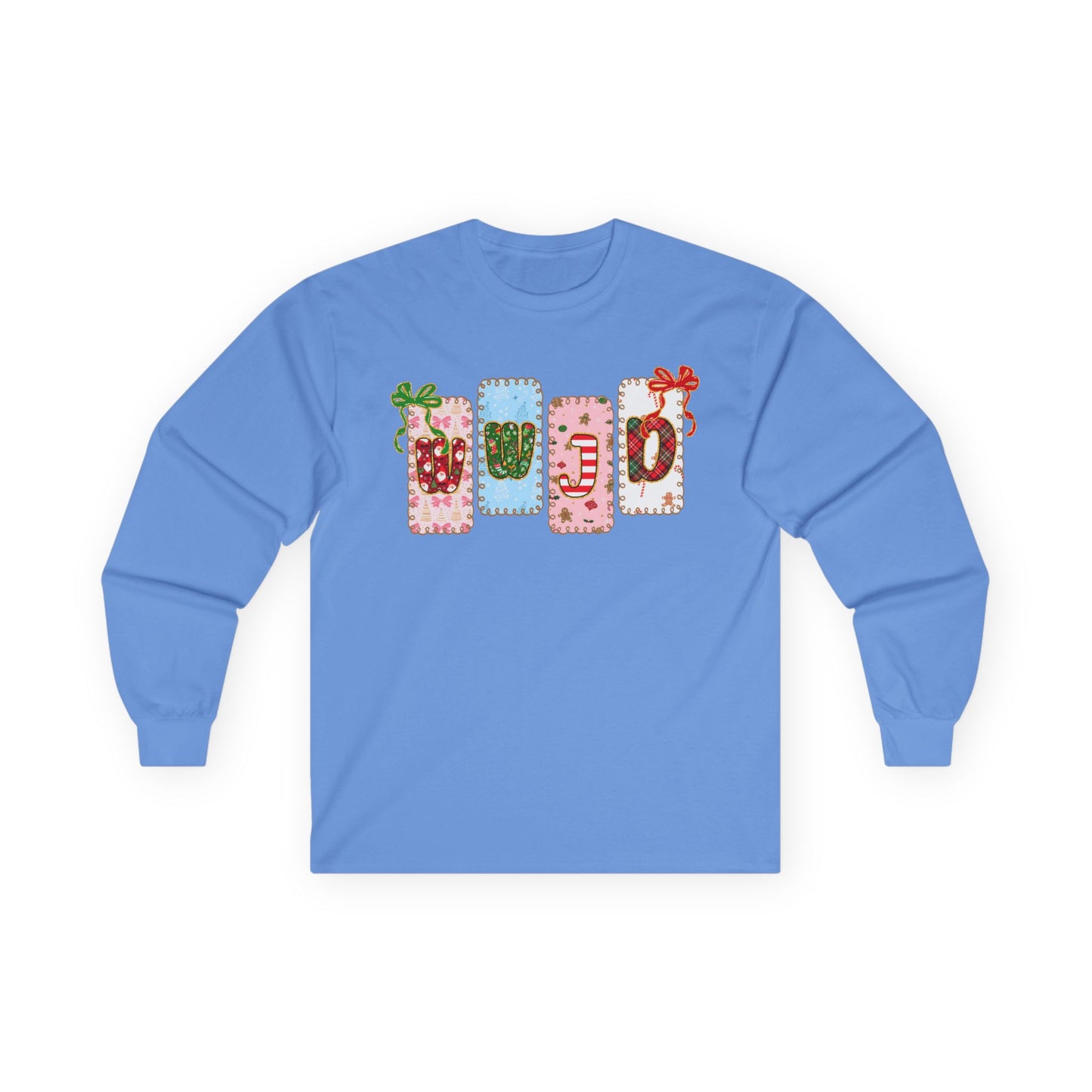 Long Sleeve Tee — Festive Gift Tag Graphic (Holidays, Christmas)
