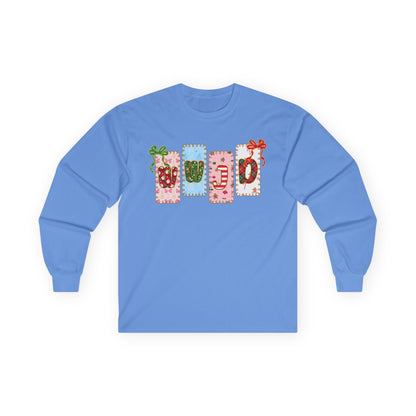 Long Sleeve Tee — Festive Gift Tag Graphic (Holidays, Christmas)