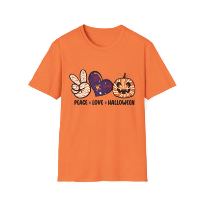 Halloween Peace Love T-Shirt, Unisex Graphic Tee for Fall Celebrations, Cozy Autumn Style, Perfect for Halloween Parties, Gifts
