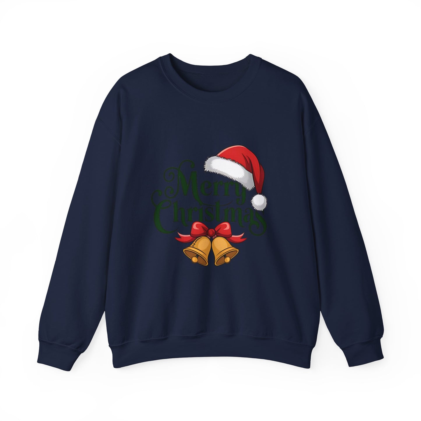 Christmas Crewneck Sweatshirt - "Merry Christmas" Santa Hat & Bells Holiday Sweater