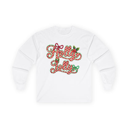 Long Sleeve Tee — "Merry Xmas" Candy Cane Script Christmas Shirt