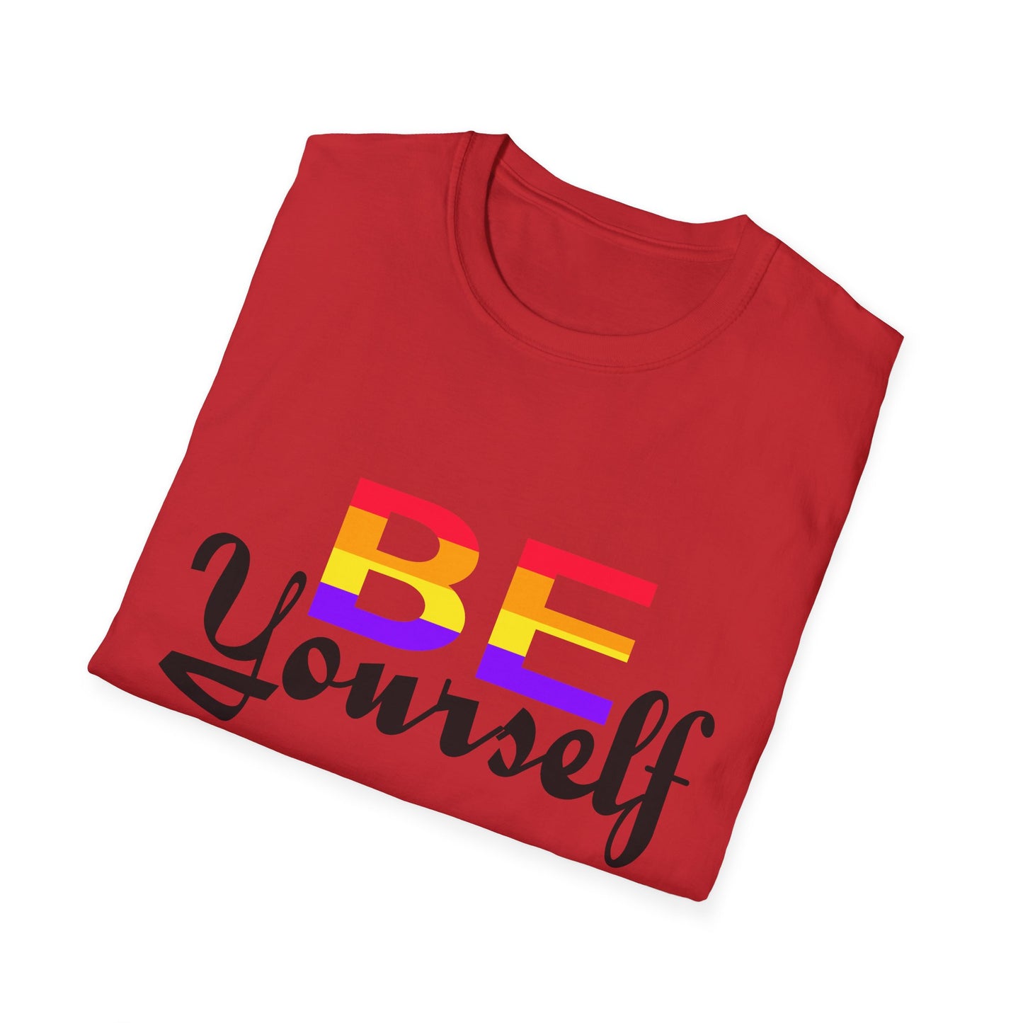 LGBTQ+ Pride Unisex T-Shirt, BE Yourself Quote Tee, Softstyle Graphic Shirt for Pride Month, Affirmation Apparel, Inclusive Fashion