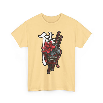 Unisex Heavy Cotton Tee - Floral Samurai Mask Design