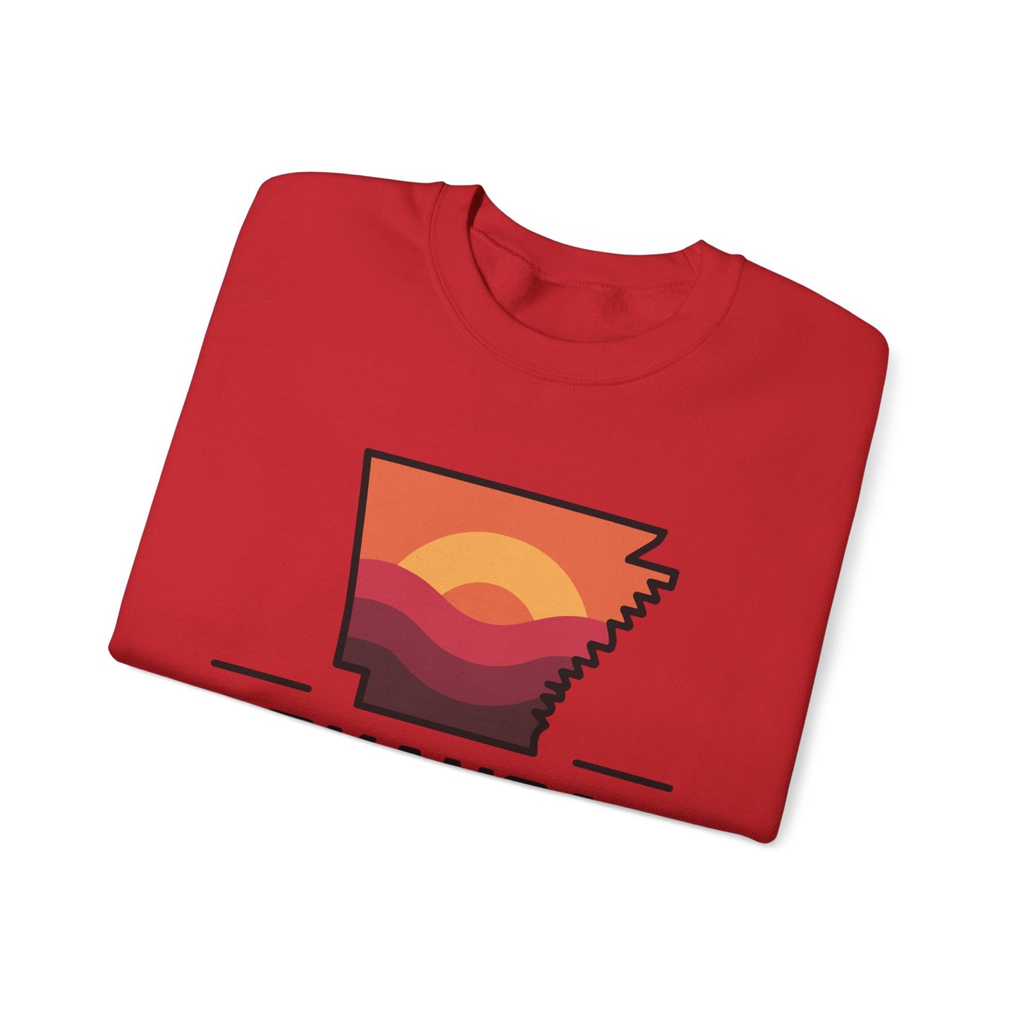 Arkansas Sunset Crewneck Sweatshirt — State Map Graphic, Est. 1836