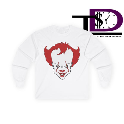 Pennywise Inspired Long Sleeve Tee, Horror Shirt, Movie Merch, Unisex Halloween Apparel, Scary Graphic Tee, Costume Top