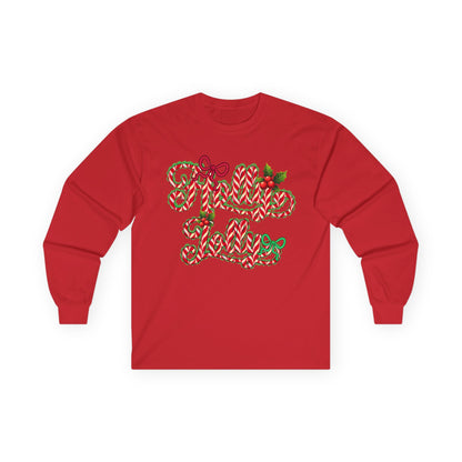 Long Sleeve Tee — "Merry Xmas" Candy Cane Script Christmas Shirt