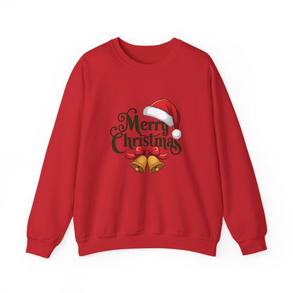 Christmas Crewneck Sweatshirt — "Merry Christmas" Santa Hat & Bells Holiday Sweatshirt