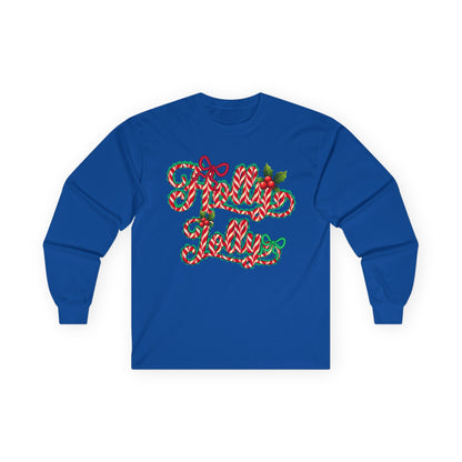 Long Sleeve Tee — "Merry Xmas" Candy Cane Script Christmas Shirt