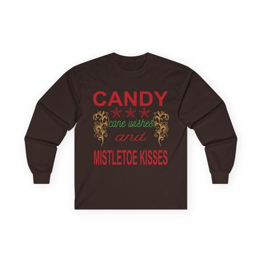 Candy Wishes & Mistletoe Kisses Long Sleeve Tee, Festive Apparel, Holiday Gift, Christmas Shirt, Unisex Tee, Winter Wear