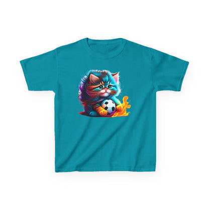 Cute Cat Soccer Kids Tee - Colorful Heavy Cotton Shirt for Young Sports Fans
