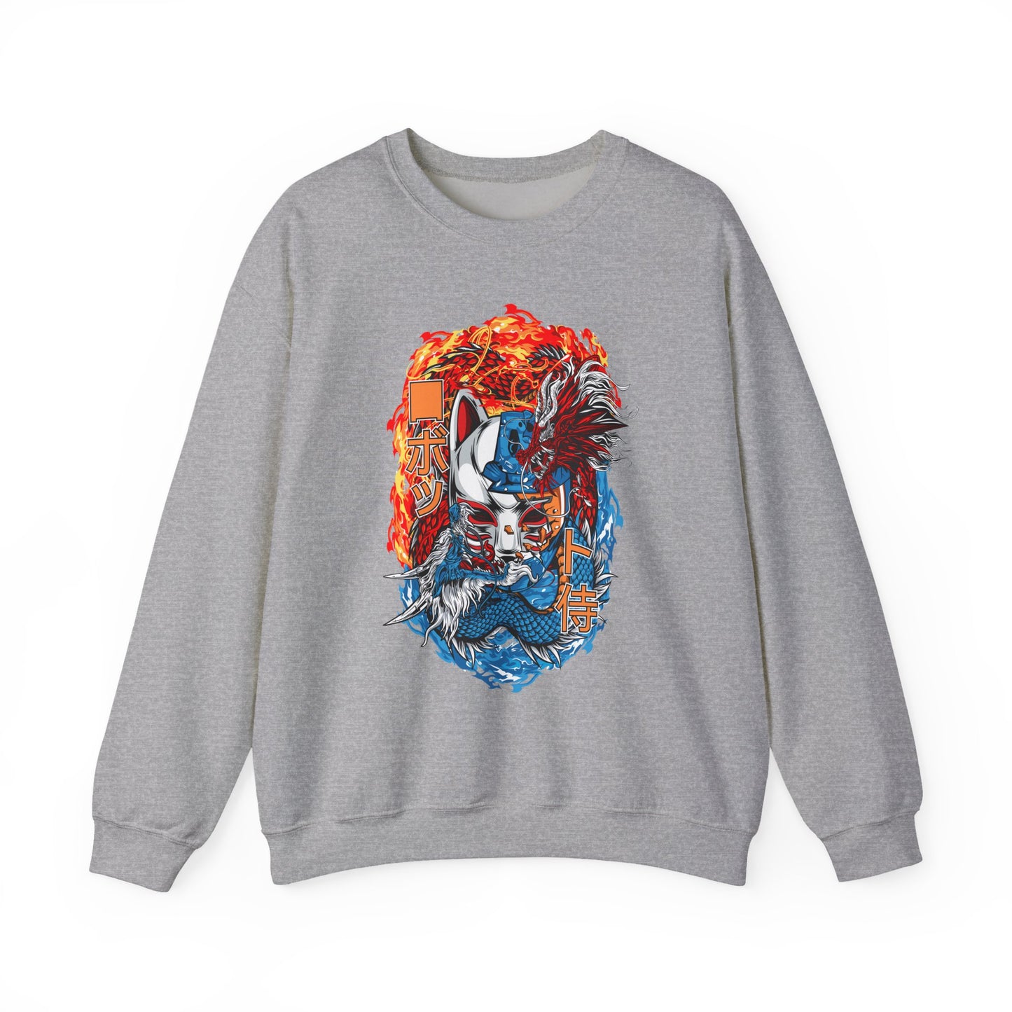 Kitsune Dragon Clash Crewneck Sweatshirt — Fiery Red & Blue Japanese Mask Design