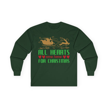 All Hearts Come Home Unisex Long Sleeve Tee, Cozy Holiday Shirt, Christmas Gift, Family Gathering Apparel, Winter Fashion