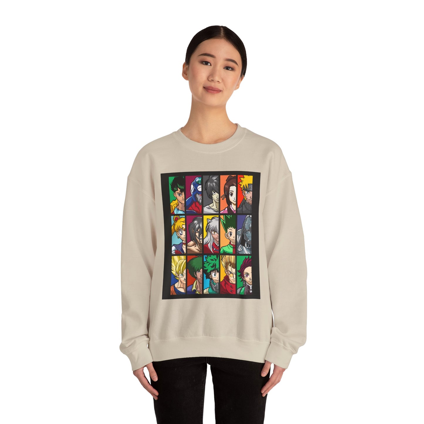 Anime Character Grid Sweatshirt — Collage Crewneck for Fans