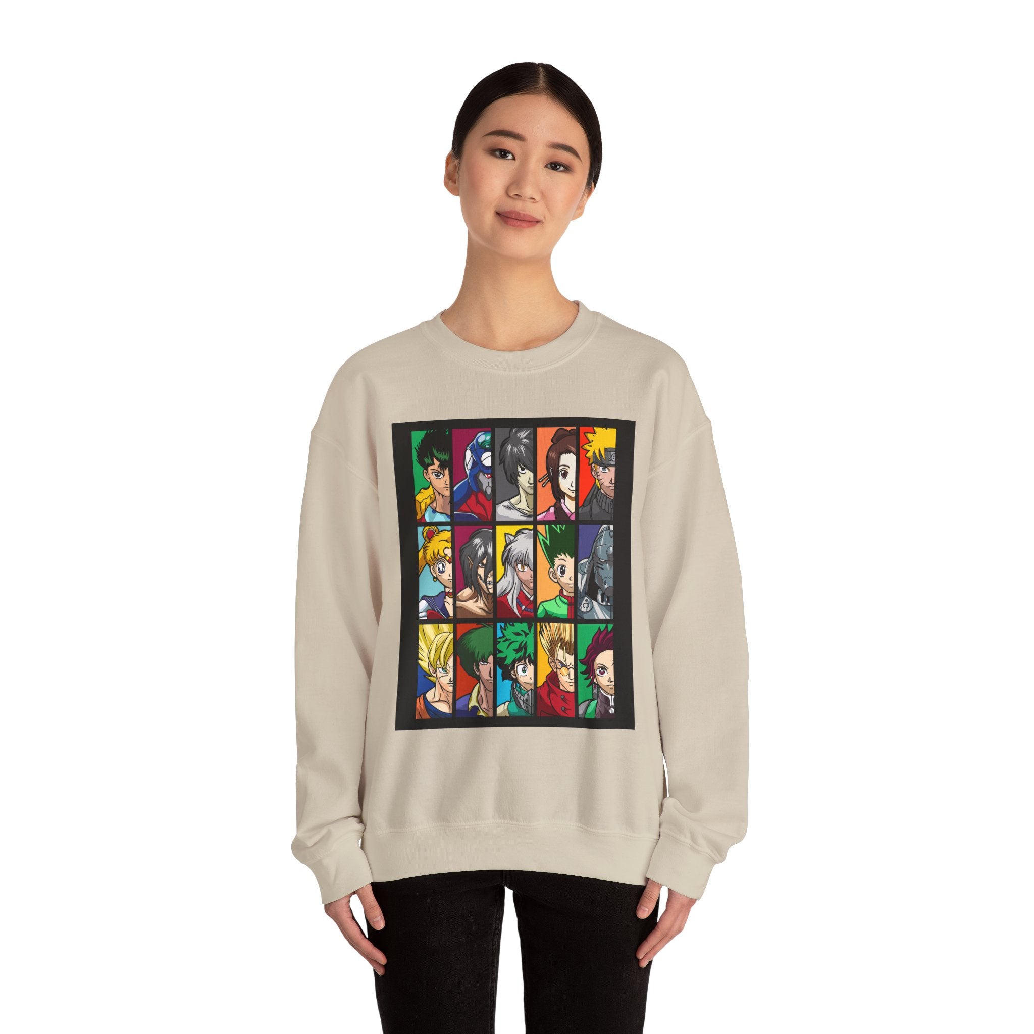 Anime Character Grid Sweatshirt — Collage Crewneck for Fans
