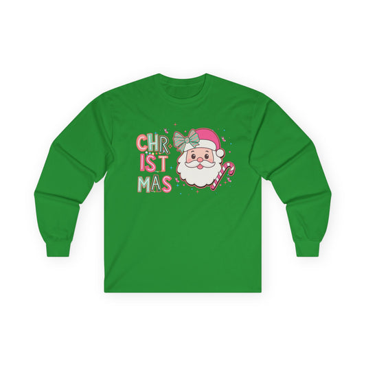 Christmas Santa Face Long Sleeve Tee — Cute Pastel Holiday Shirt
