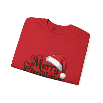 Christmas Crewneck Sweatshirt - "Merry Christmas" Santa Hat & Bells Holiday Sweater