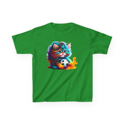 Cute Cat Soccer Kids Tee - Colorful Heavy Cotton Shirt for Young Sports Fans