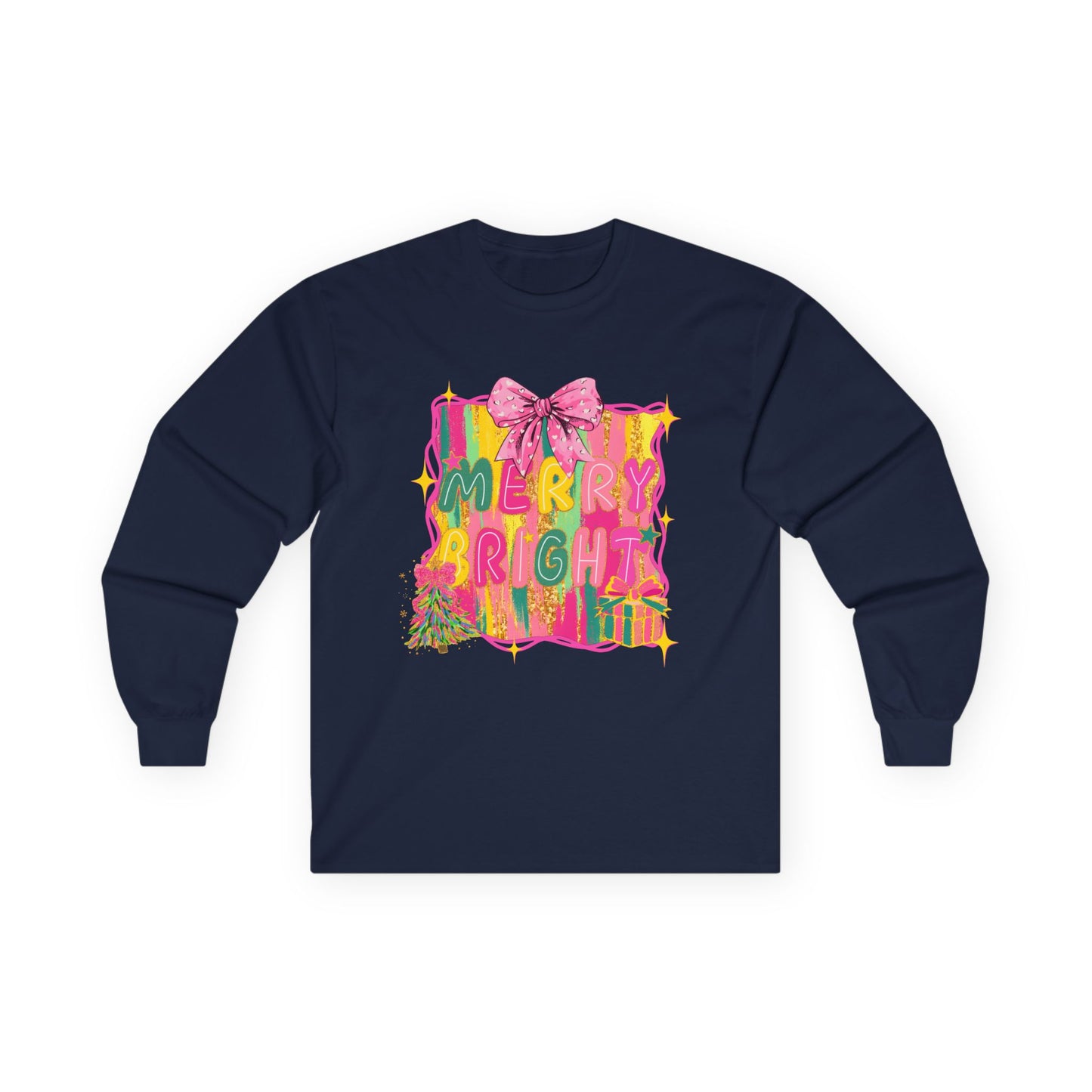 Merry Bright Long Sleeve Tee — Colorful Holiday Graphic Shirt