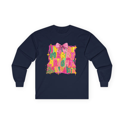 Merry Bright Long Sleeve Tee — Colorful Holiday Graphic Shirt