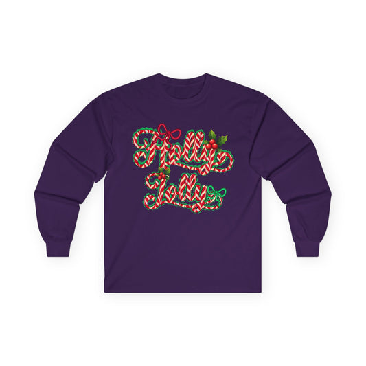 Long Sleeve Tee — "Merry Xmas" Candy Cane Script Christmas Shirt