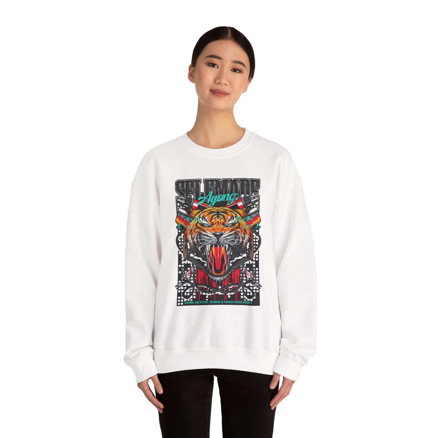 Crewneck Sweatshirt — Bold Roaring Tiger Graphic with 'Ayoung' Ribbon