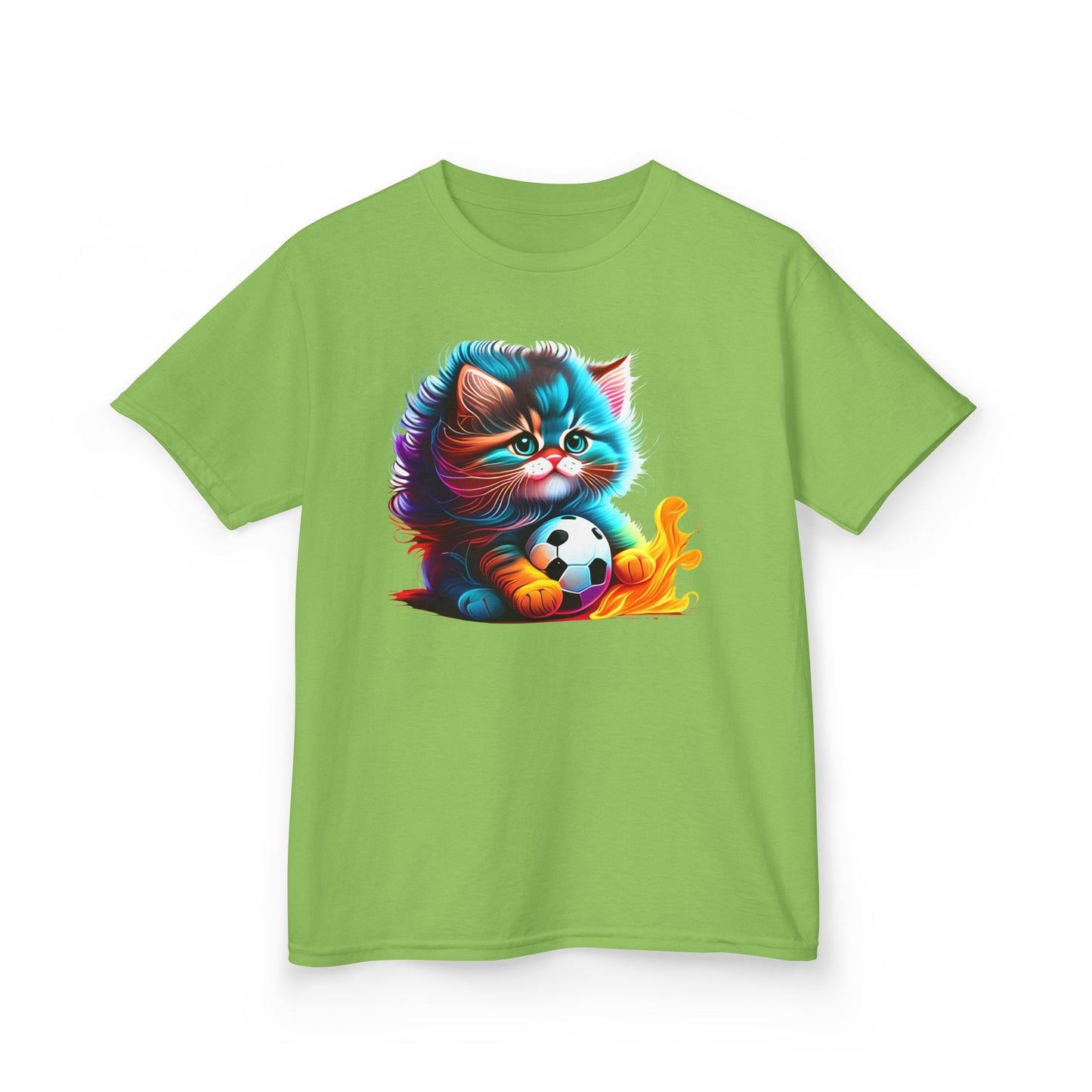 Cute Cat Soccer Kids Tee - Colorful Heavy Cotton Shirt for Young Sports Fans