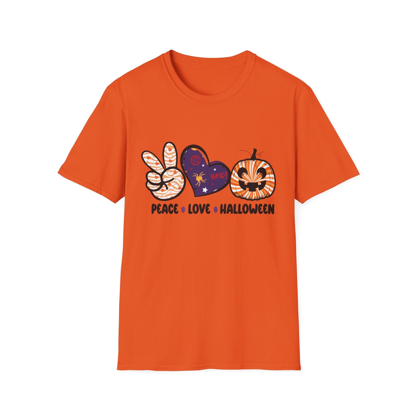 Halloween Peace Love T-Shirt, Unisex Graphic Tee for Fall Celebrations, Cozy Autumn Style, Perfect for Halloween Parties, Gifts