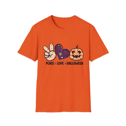 Halloween Peace Love T-Shirt, Unisex Graphic Tee for Fall Celebrations, Cozy Autumn Style, Perfect for Halloween Parties, Gifts