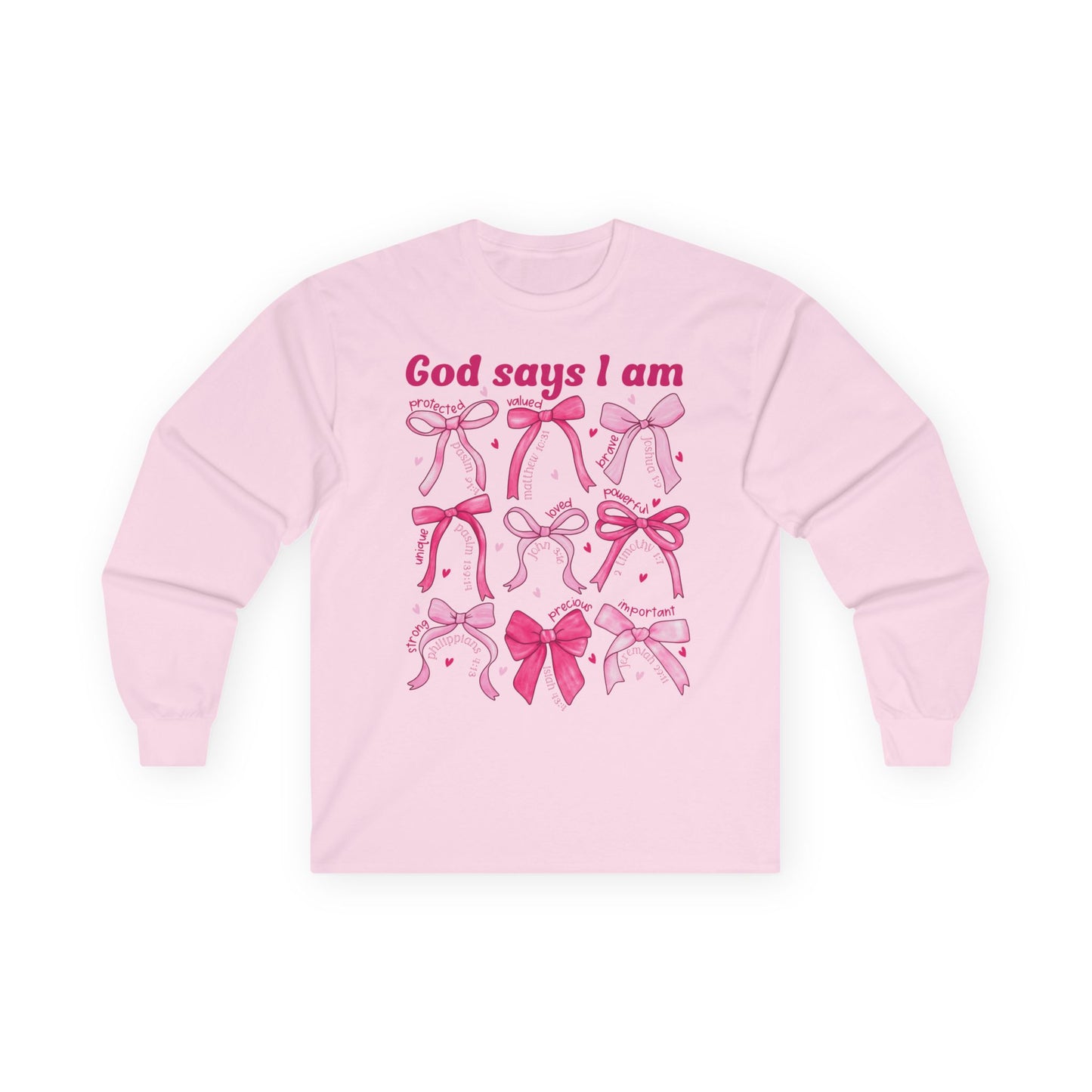 Long Sleeve Tee — "God Says I Am" Pink Ribbon Bows Breast Cancer Awareness
