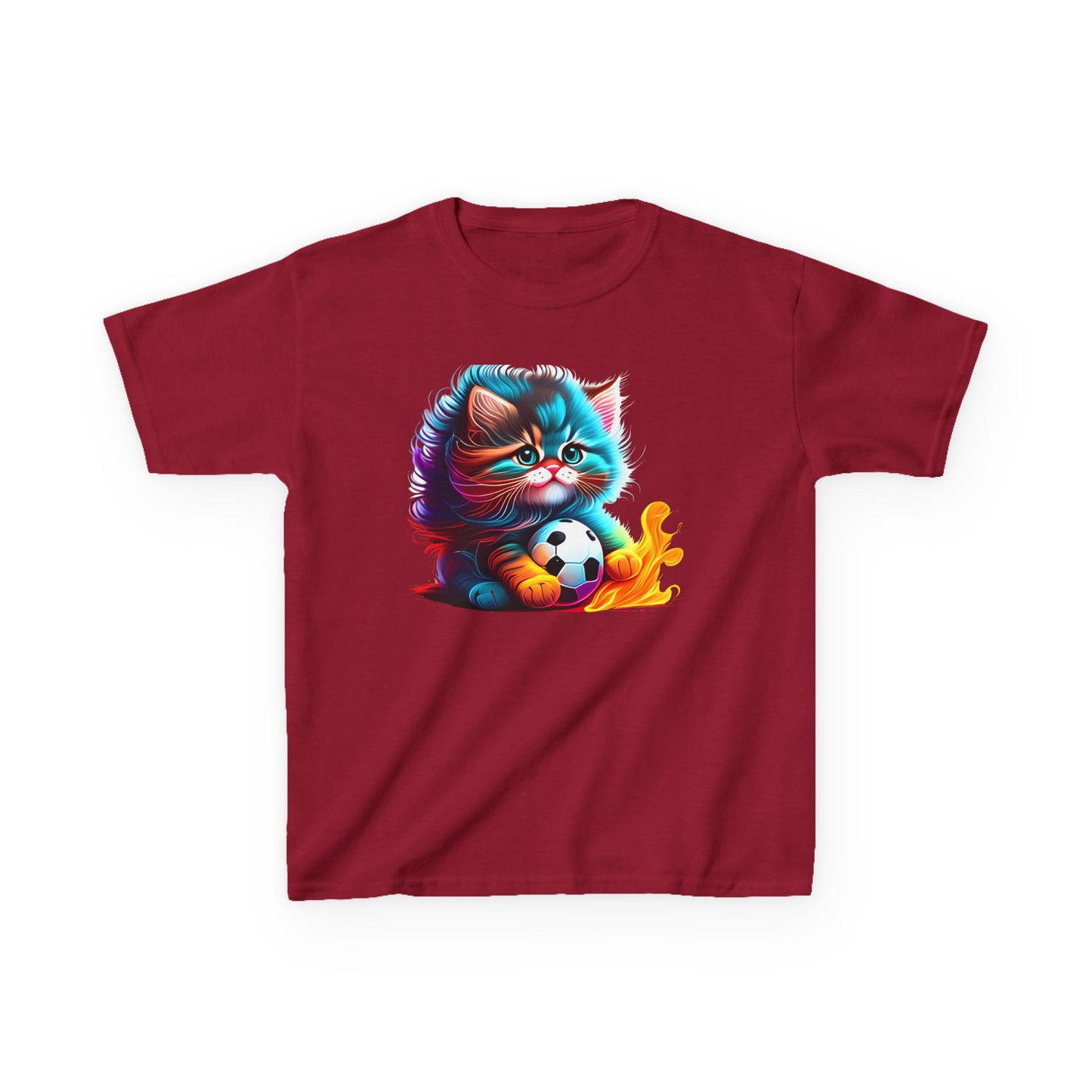 Cute Cat Soccer Kids Tee - Colorful Heavy Cotton Shirt for Young Sports Fans