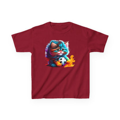Cute Cat Soccer Kids Tee - Colorful Heavy Cotton Shirt for Young Sports Fans
